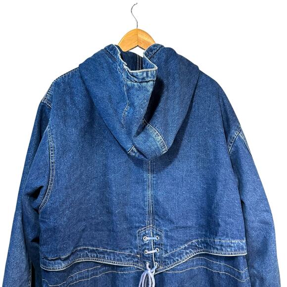 Vintage 80s Andy Johns Longline Denim Hooded Coat Jacket Utility Pockets Blue - Picture 7 of 15